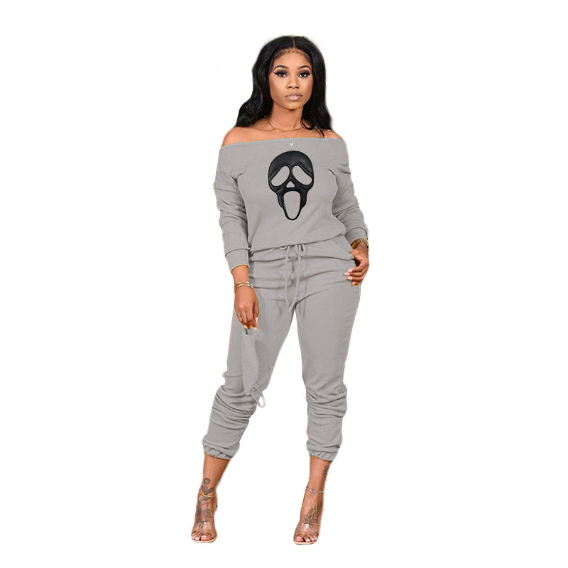 Women's Ribbed Loose Off Shoulder Casual Skull Print Two-Piece Pants Set 9