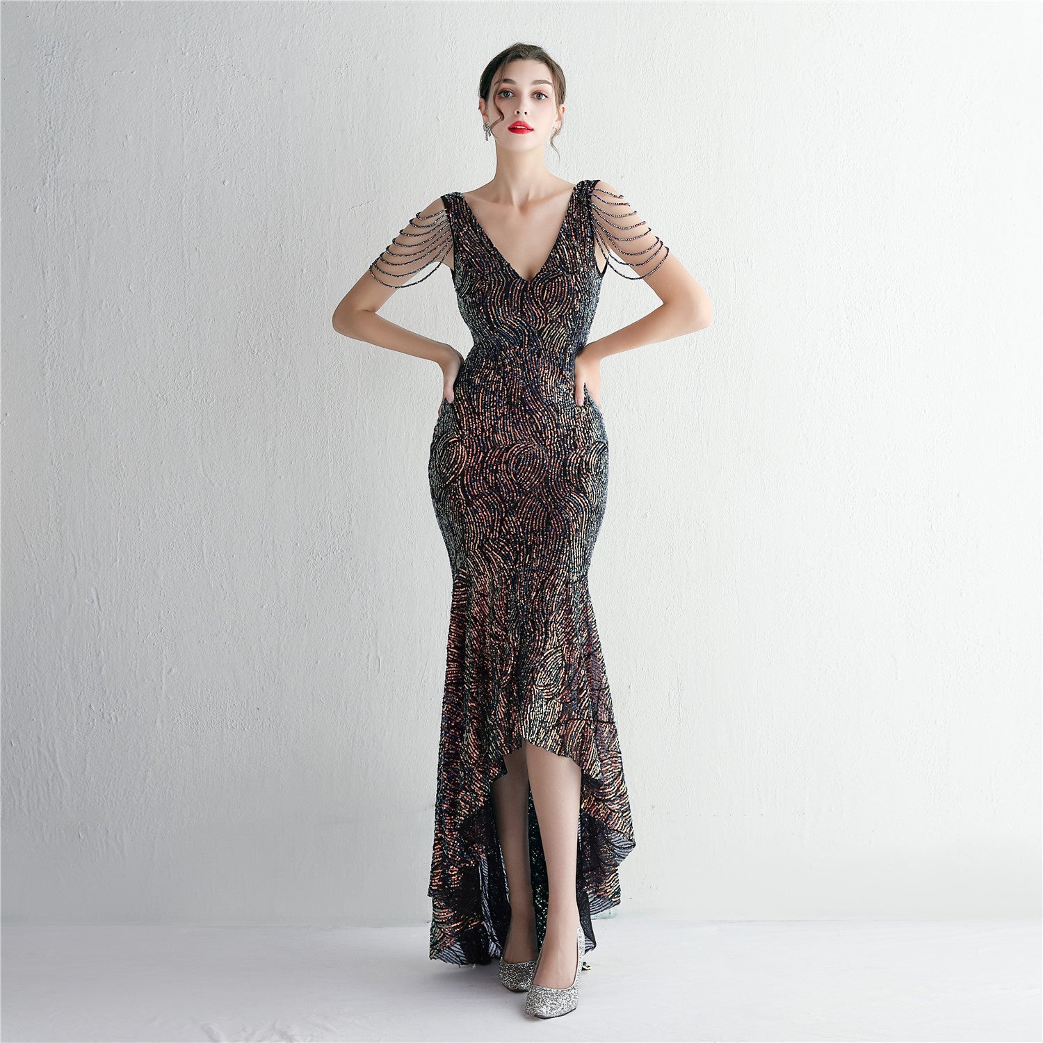 WomenElegant Sequins V Neck Evening Dress 6