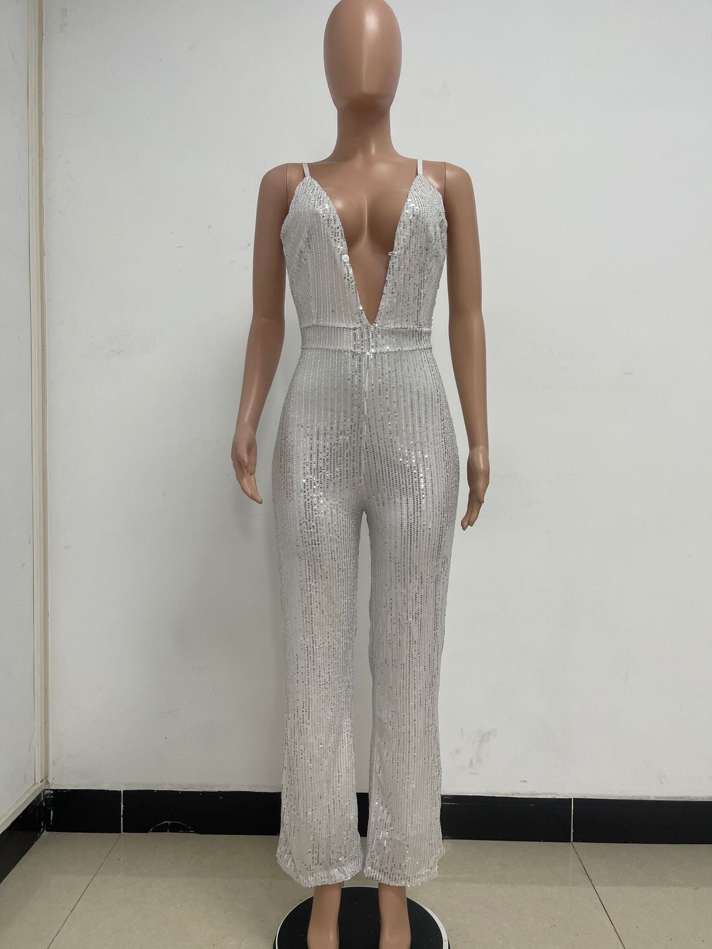 Deep V Neck Low Back Sleeveless Chic Sequined Straps Elegant Women's Party Jumpsuit 137