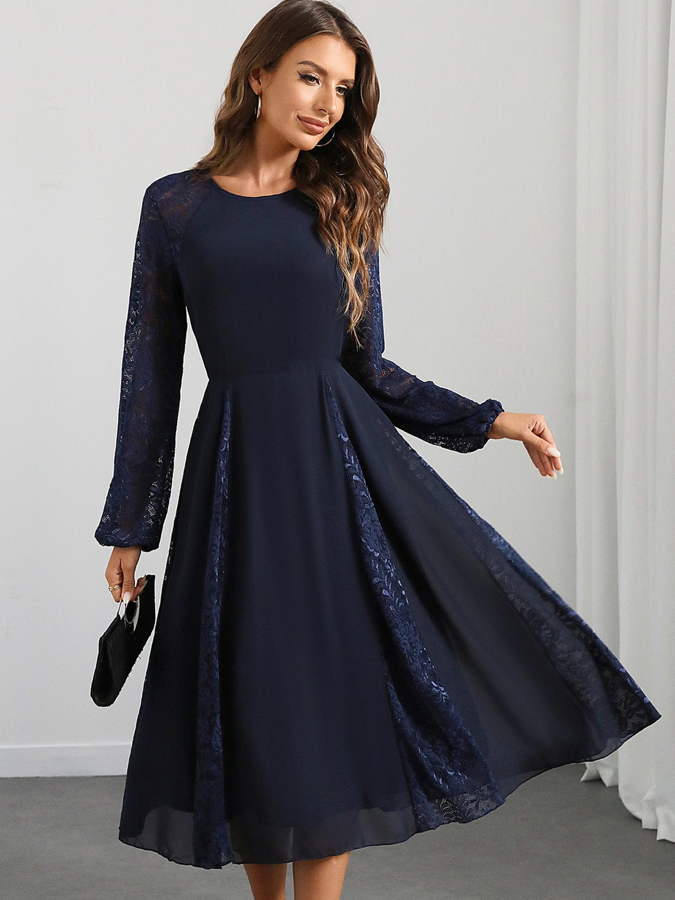 Women Sexy Long Sleeve Chiffon Patchwork Lace Evening Dress 4
