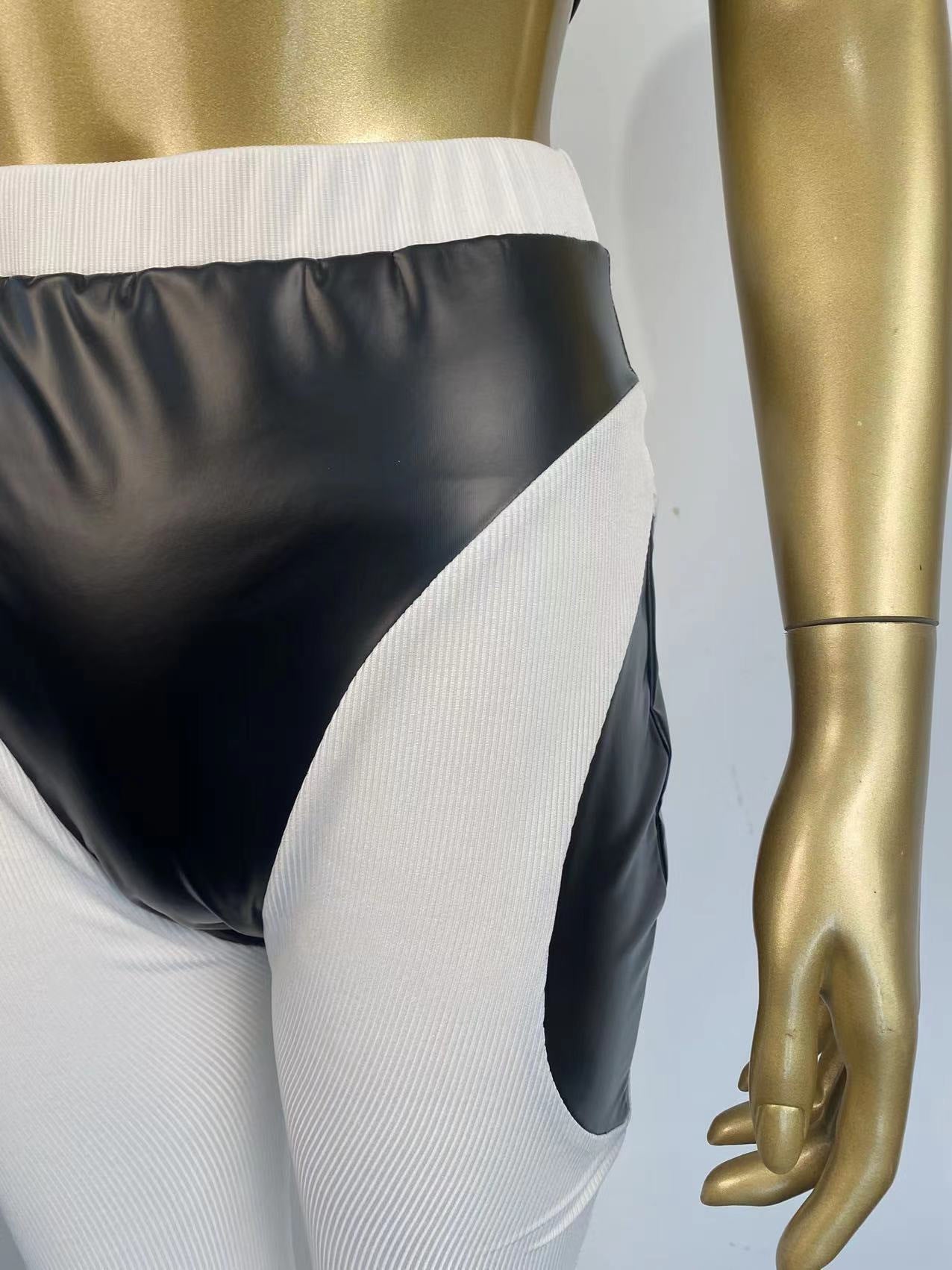 Women Sexy Colorblock Pu Leather Patchwork Strapless Top and Pants Two-Piece Set 10