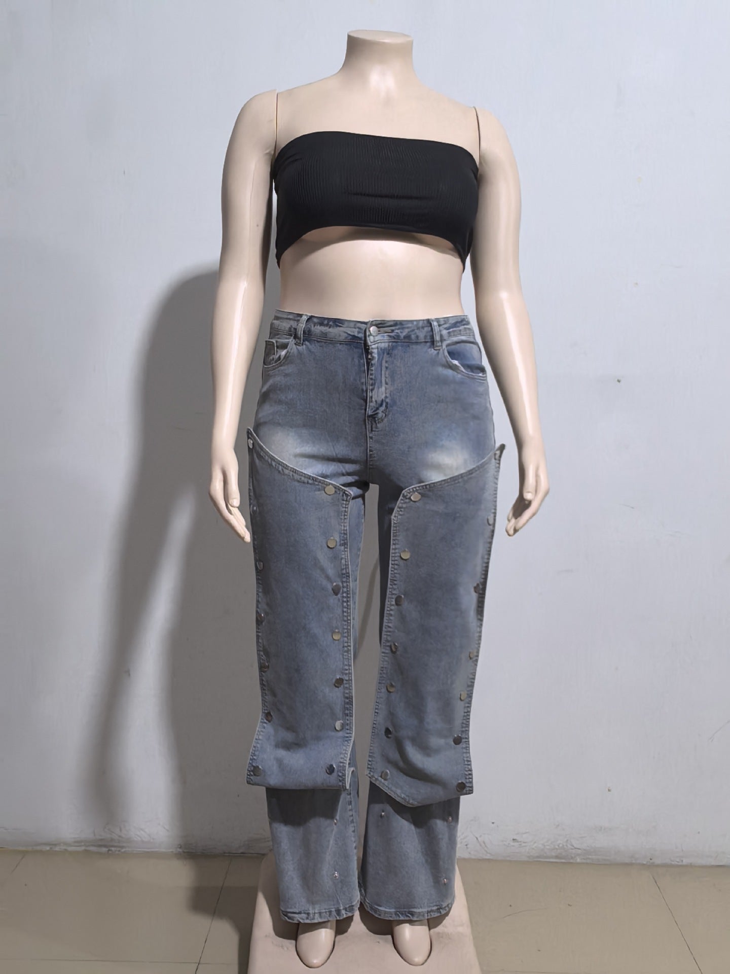 Women's Straight Denim Pants Autumn Street Trend Button High Waist Pants 12