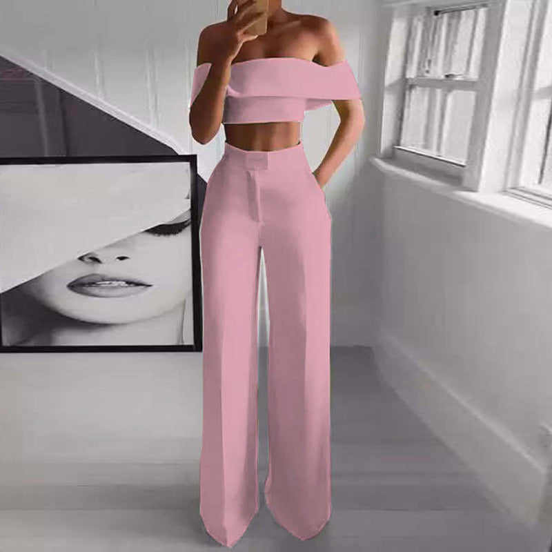 Women Elegant Off Shoulder crop top+ Loose Pants Two Piece 6