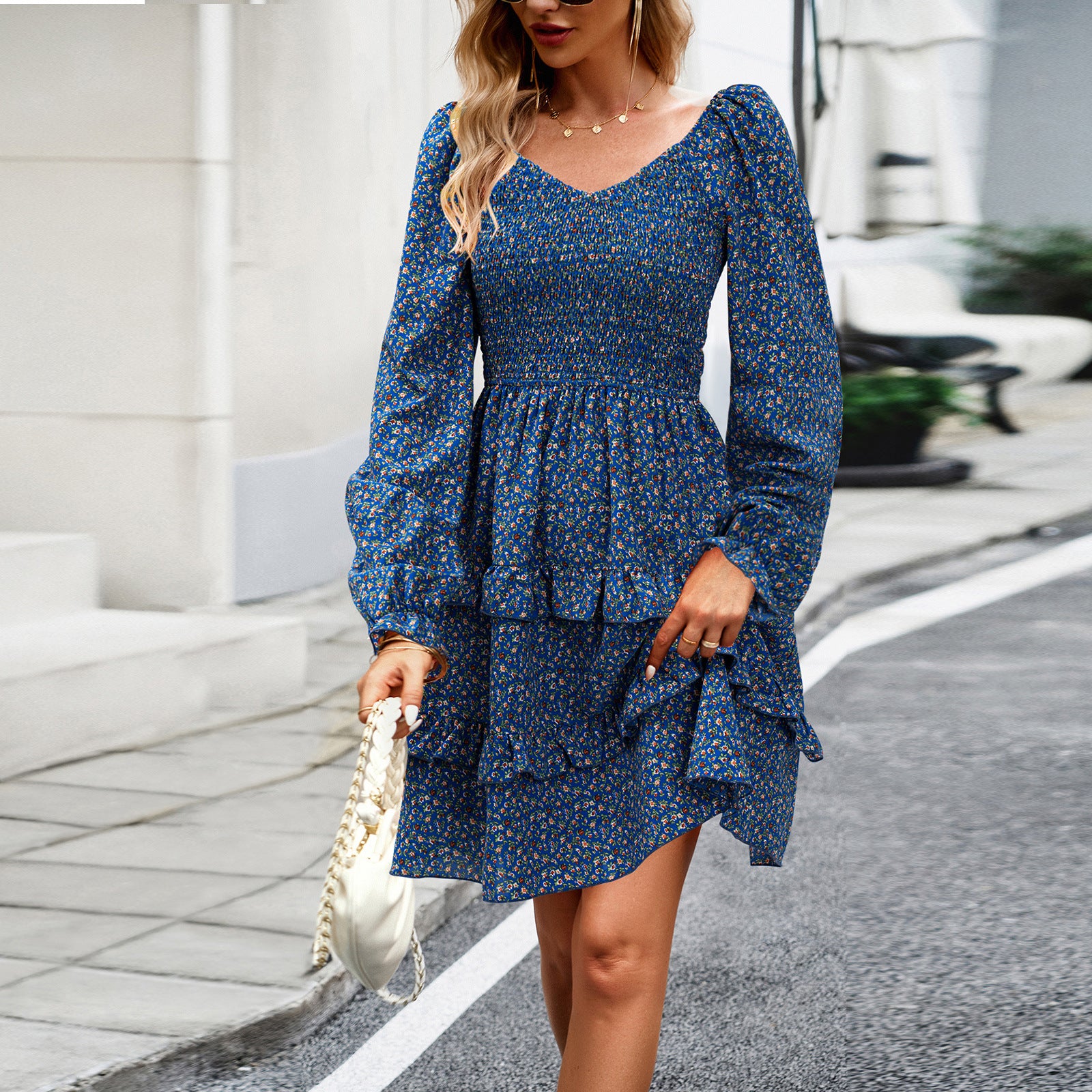 Women Casual Floral V-Neck Long Sleeve Dress 13