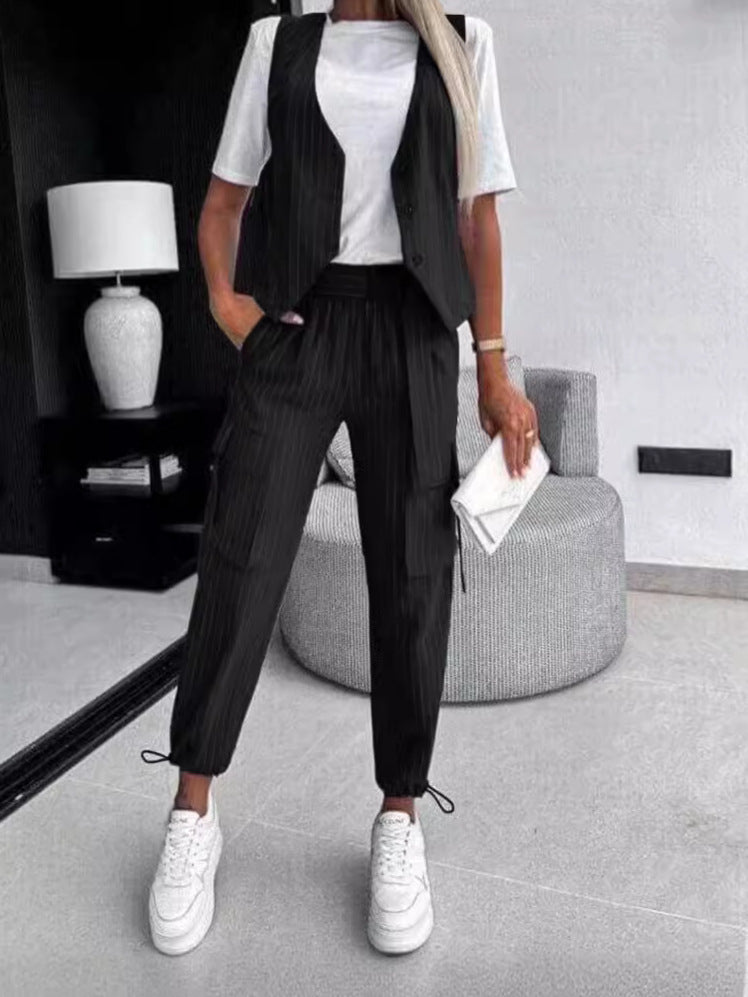 Women's Chic Elegant Solid Color Striped Button Vest Pocket Pants Two Piece Set 7