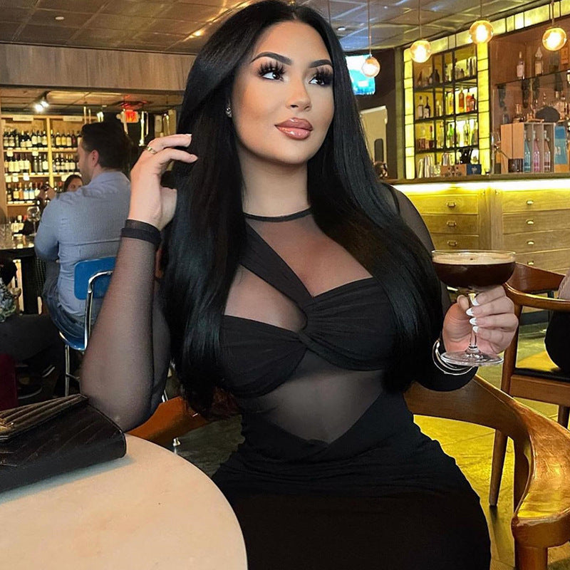 Women's Round Neck Mesh Patchwork Long Sleeve Maxi Tight Fitting Dress 5