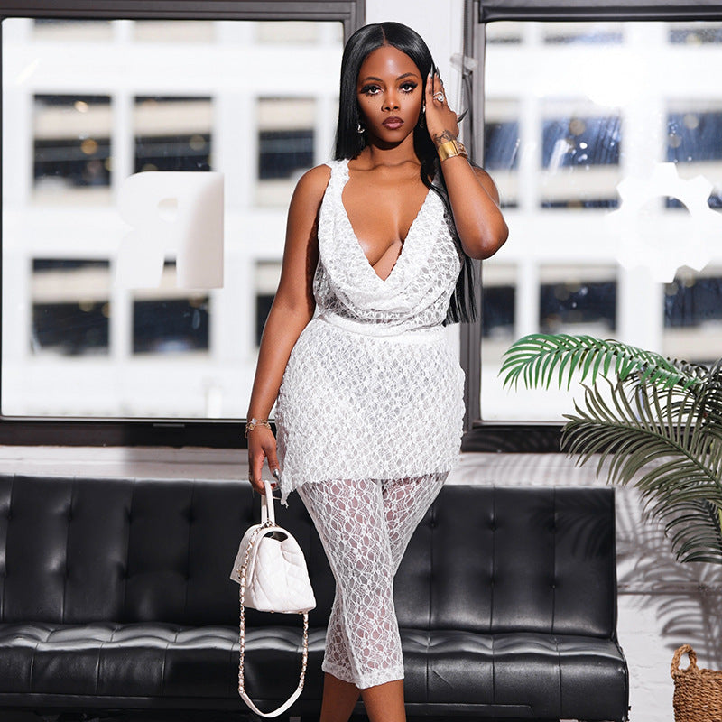 Women's spring and summer lace hood Halter Neck deep pile collar  Low Back Patchwork Dress and pants set 21