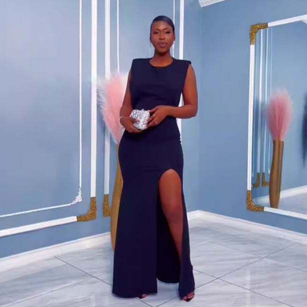 Round Neck Back Hollow Diamond Tassels Evening Dress 4