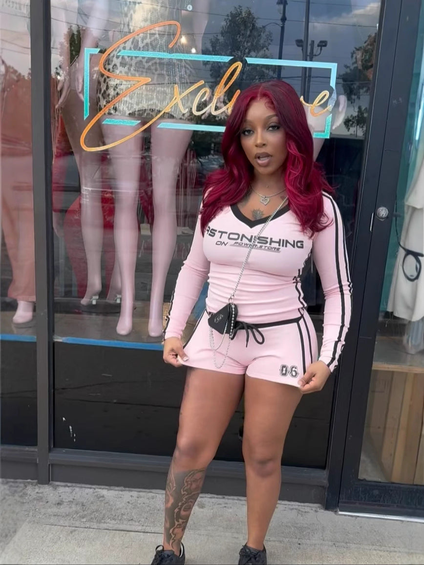 Autumn And Winter Slim Sexy Printed Long-Sleeved V-Neck Top Drawstring Shorts Set 6