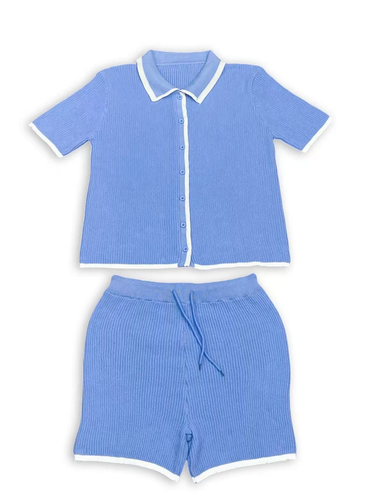 Turndown Collar Short-Sleeve Knit Top & High-Waist Shorts Set 11