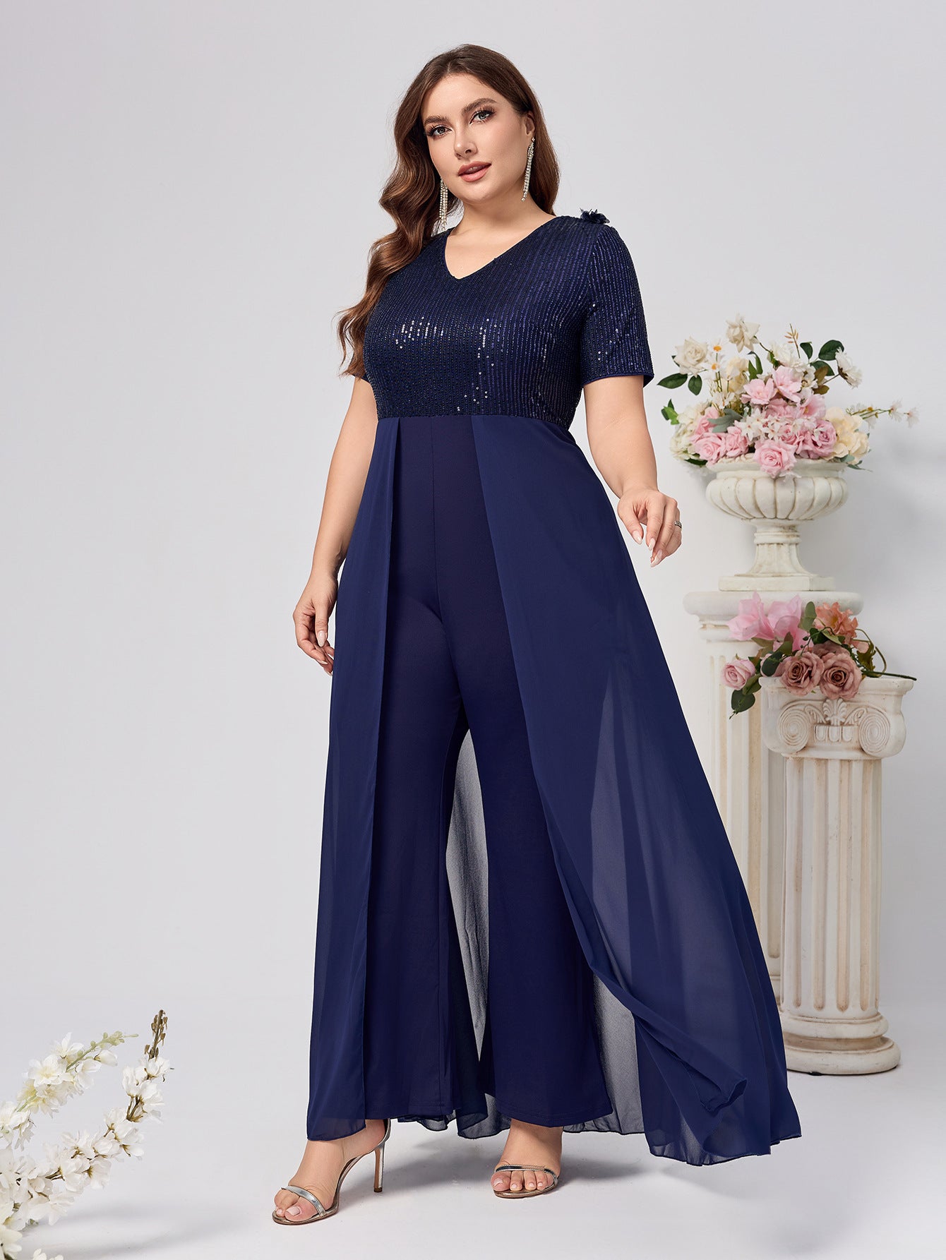 Plus Size Women Sequins V-neck Sequins Skirt Jumpsuit