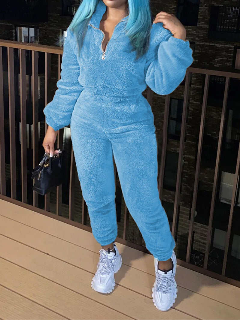 Women Solid Long Sleeve Top and Long Pants Casual Two-Piece Set