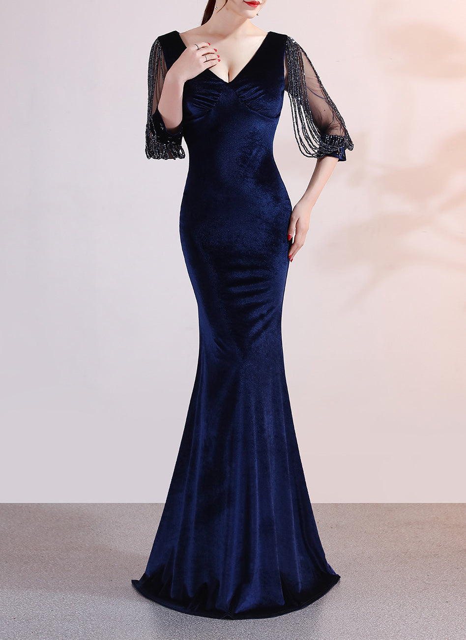 sexy velvet crystal diamond chain bride clothing winter long-sleeved mermaid long evening dress 7