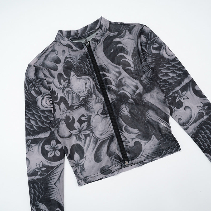 Women's Summer Autumn Zipper Round Neck See-Through Print Long Sleeve Two Piece Shorts Set 21