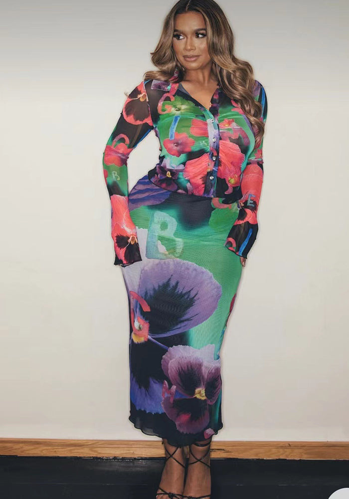 Women Sexy Double Layer Mesh Printed Two-Piece Set