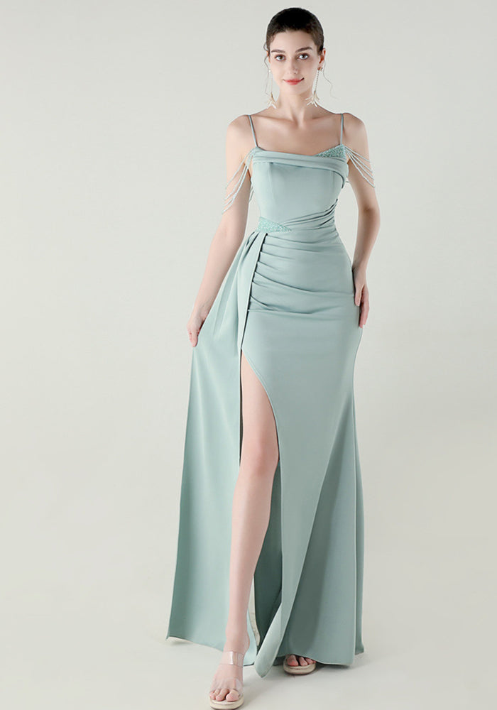 Women beaded chain fishtail slit evening dress