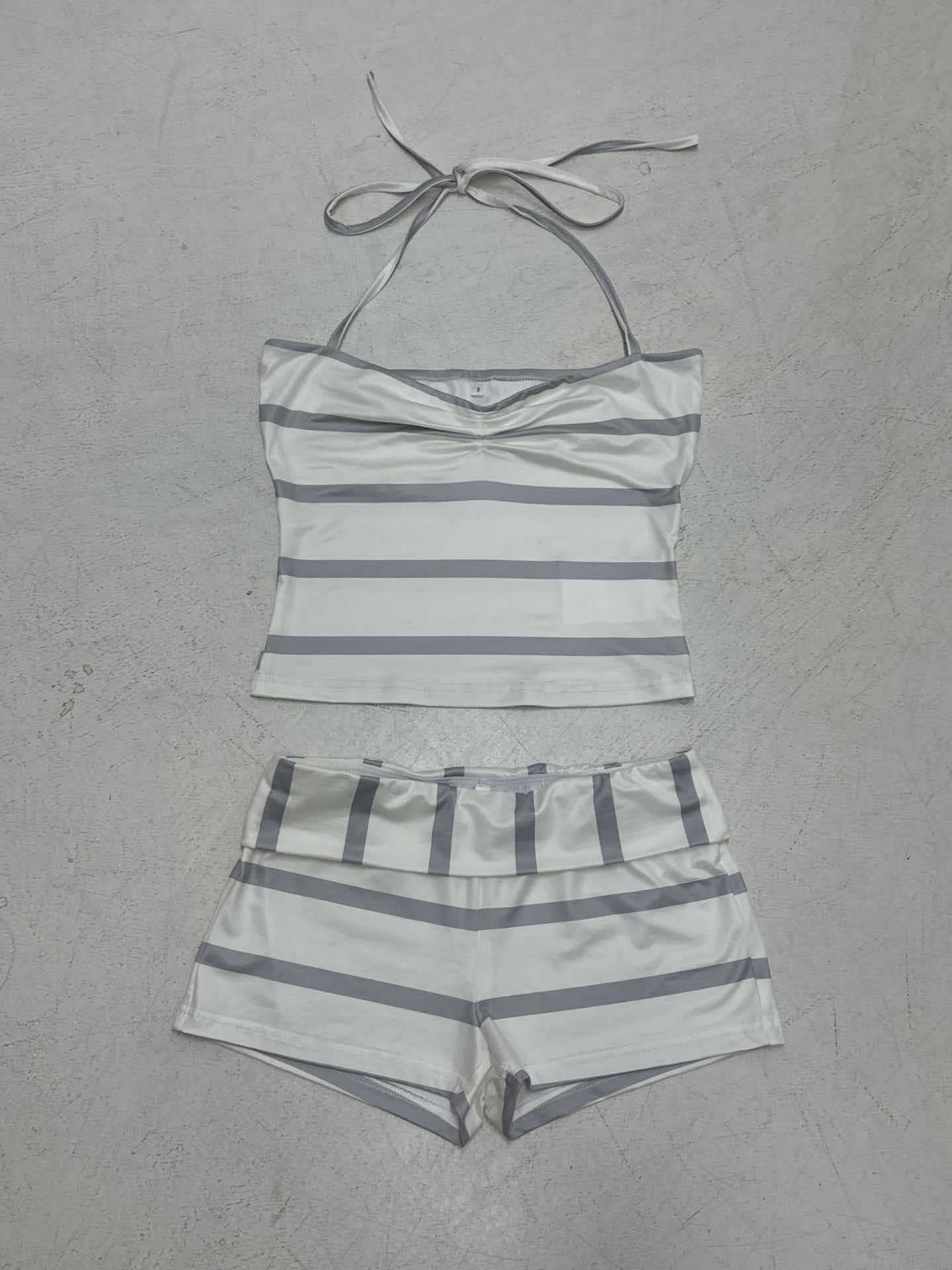 Women Casual Holidays Printed Striped Contrast Halter Neck Strap Top and Shorts Two-Piece Set 27