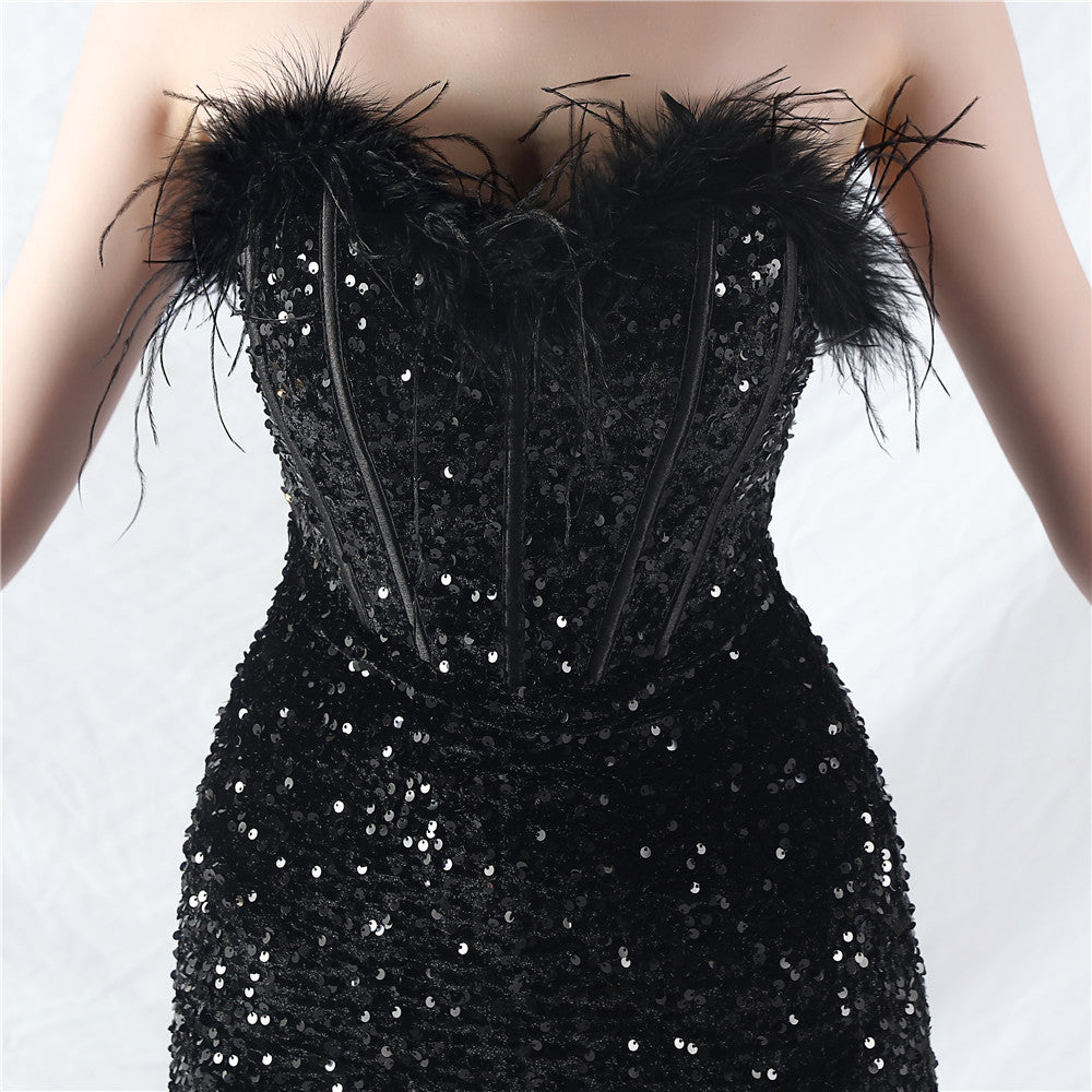 Women palace fishbone vest-ordered ostrich plush bottom sequined evening dress 19