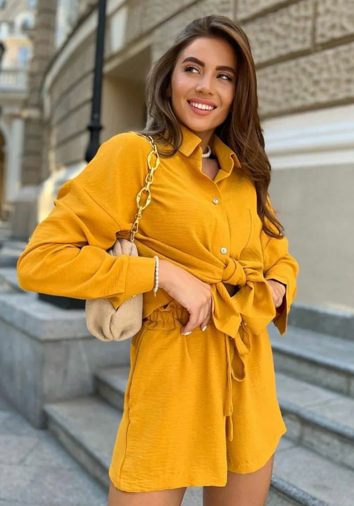 Women Casual Tie-Drawstring Summer Shirt and Shorts Two-Piece Set