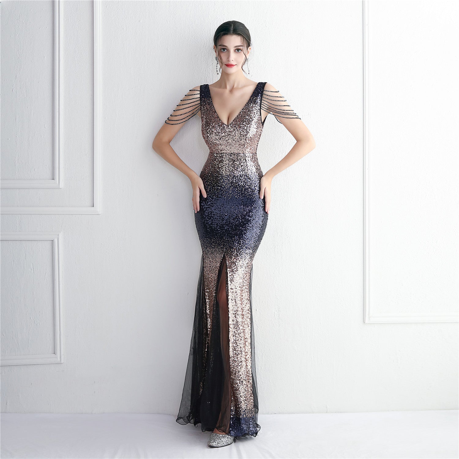 WomenElegant Gradient Sequins V Neck Evening Dress 8