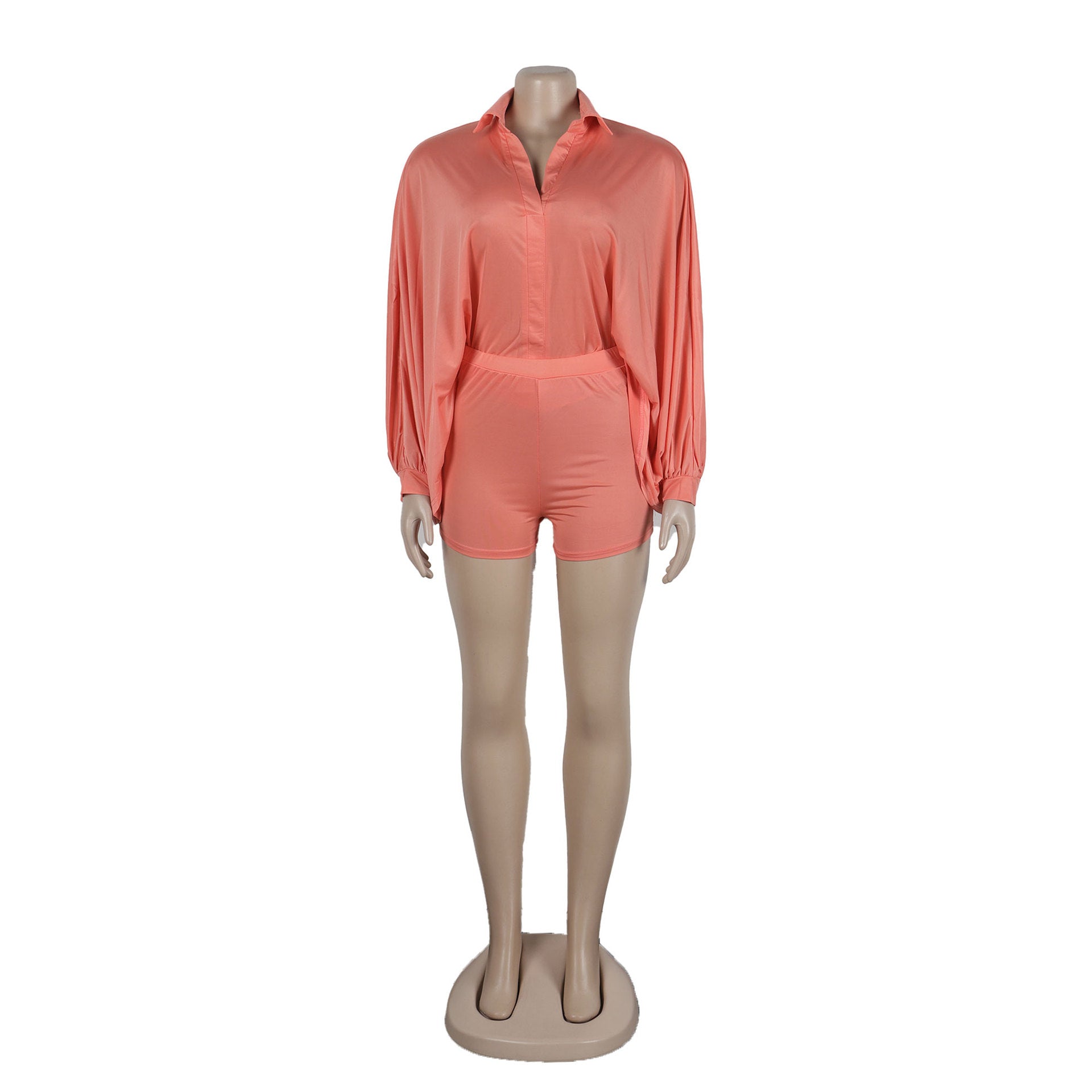Sexy Solid Color Bat Sleeves Loose Shirt Shorts Two Piece Set 16