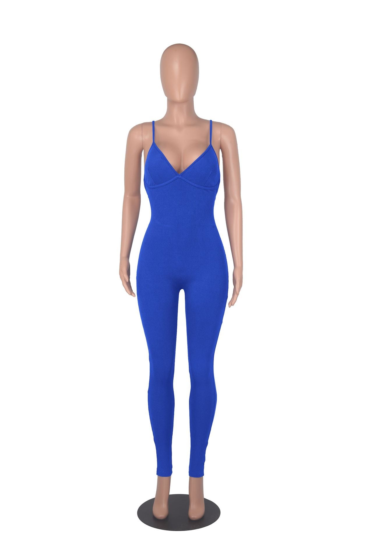 Women's Solid Color Rib Sling Deep V Tank with Chest Pad Casual Yoga Jumpsuit Ladies 23