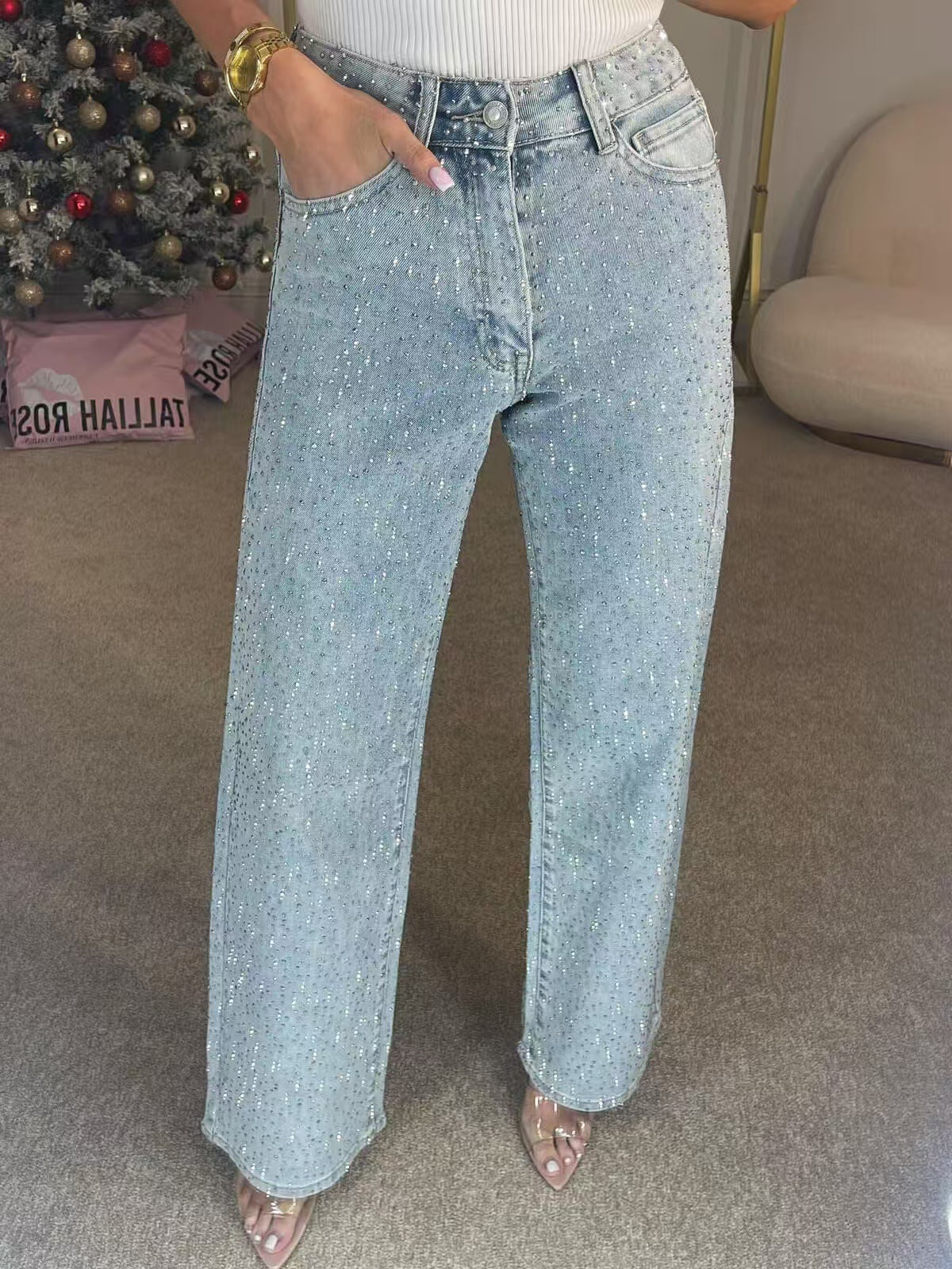 Women Full Diamond Washed Denim Pants 5