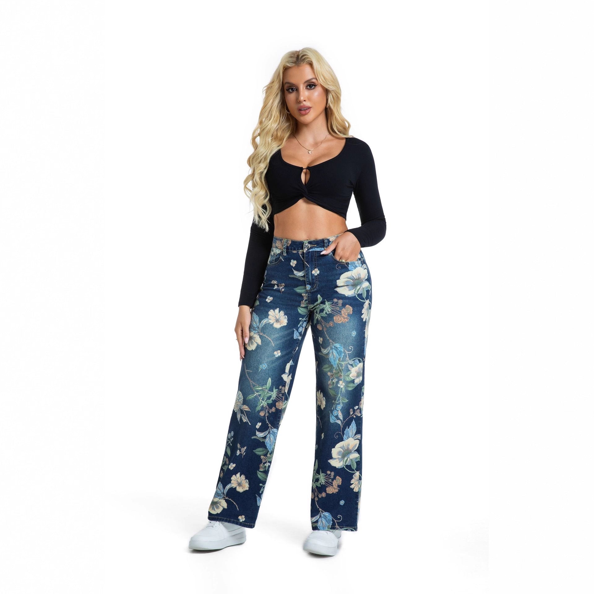 Women printed blue wide-leg denim pants 4