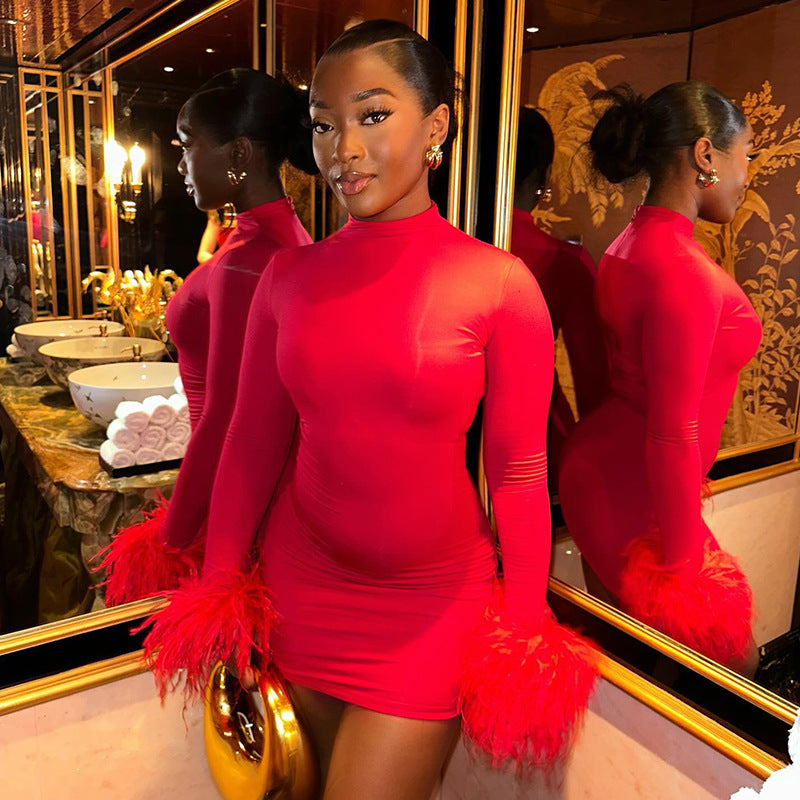 Autumn Solid Color Round Neck Feather Patchwork Slim Sexy Short Dress 4