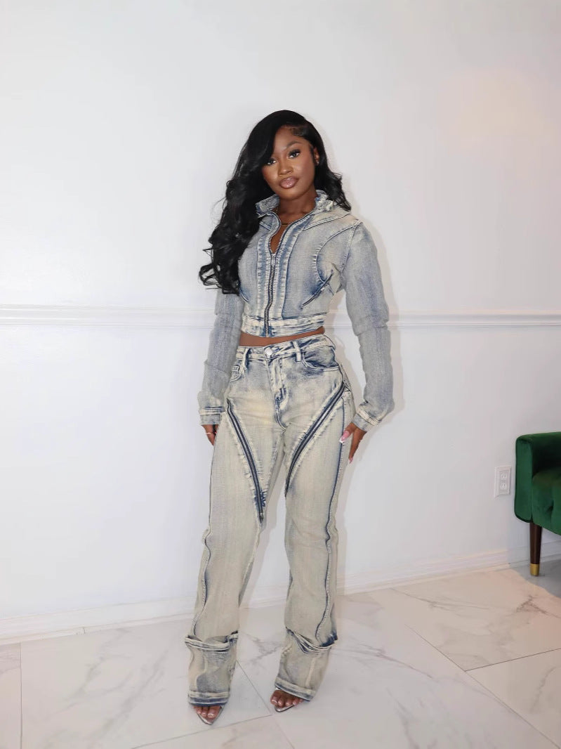 Women Spring Sexy Stretch Washed Zipper Denim Jacket Top and PantsTwo Piece Set 7