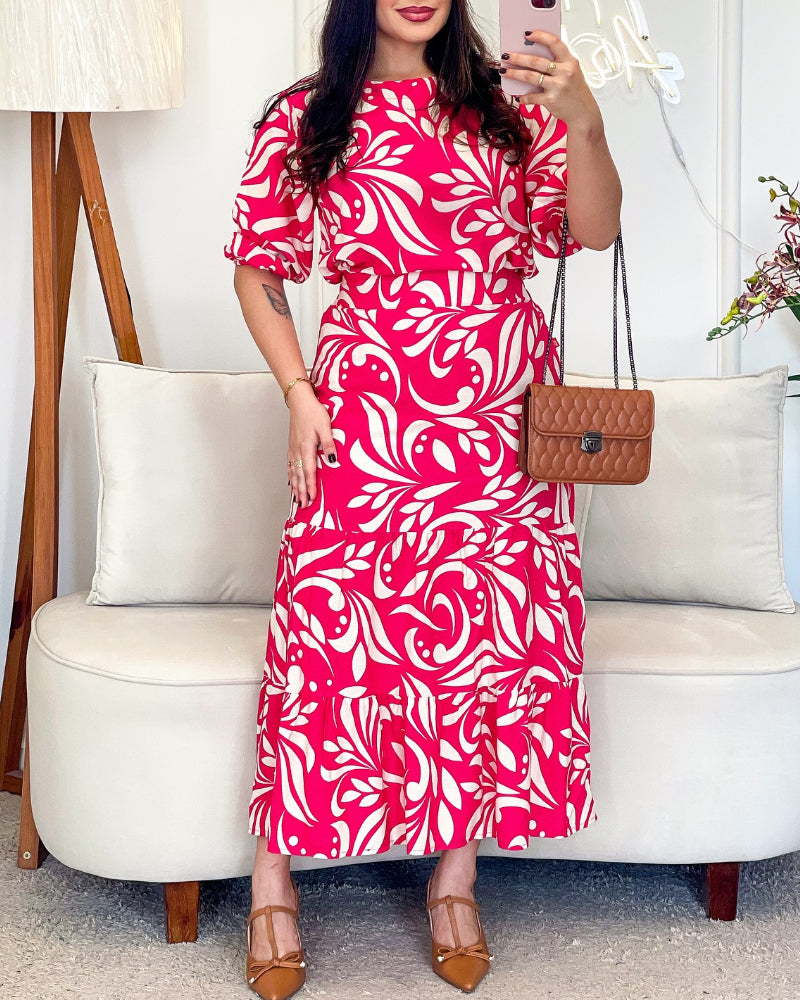 Women's Print Short Sleeve Top Maxi Ruffle Maxi Skirt Set 4