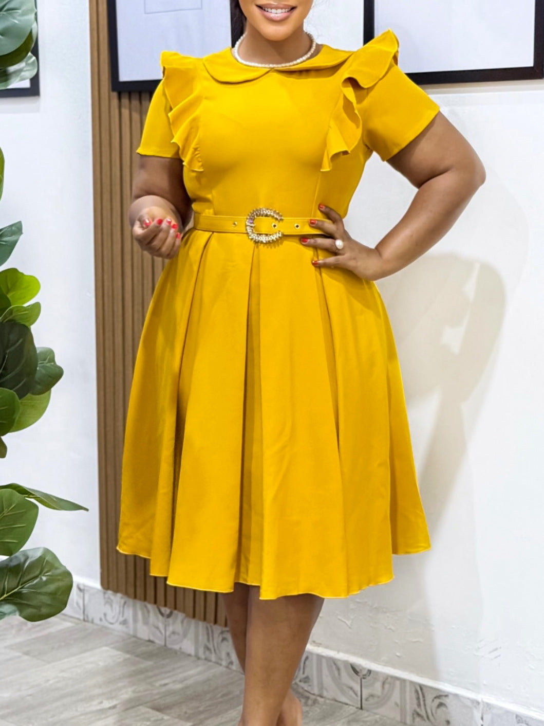 Women's Short Sleeve Peter Pan Collar Solid Color Ruffle High-Waist Swing Dress 7