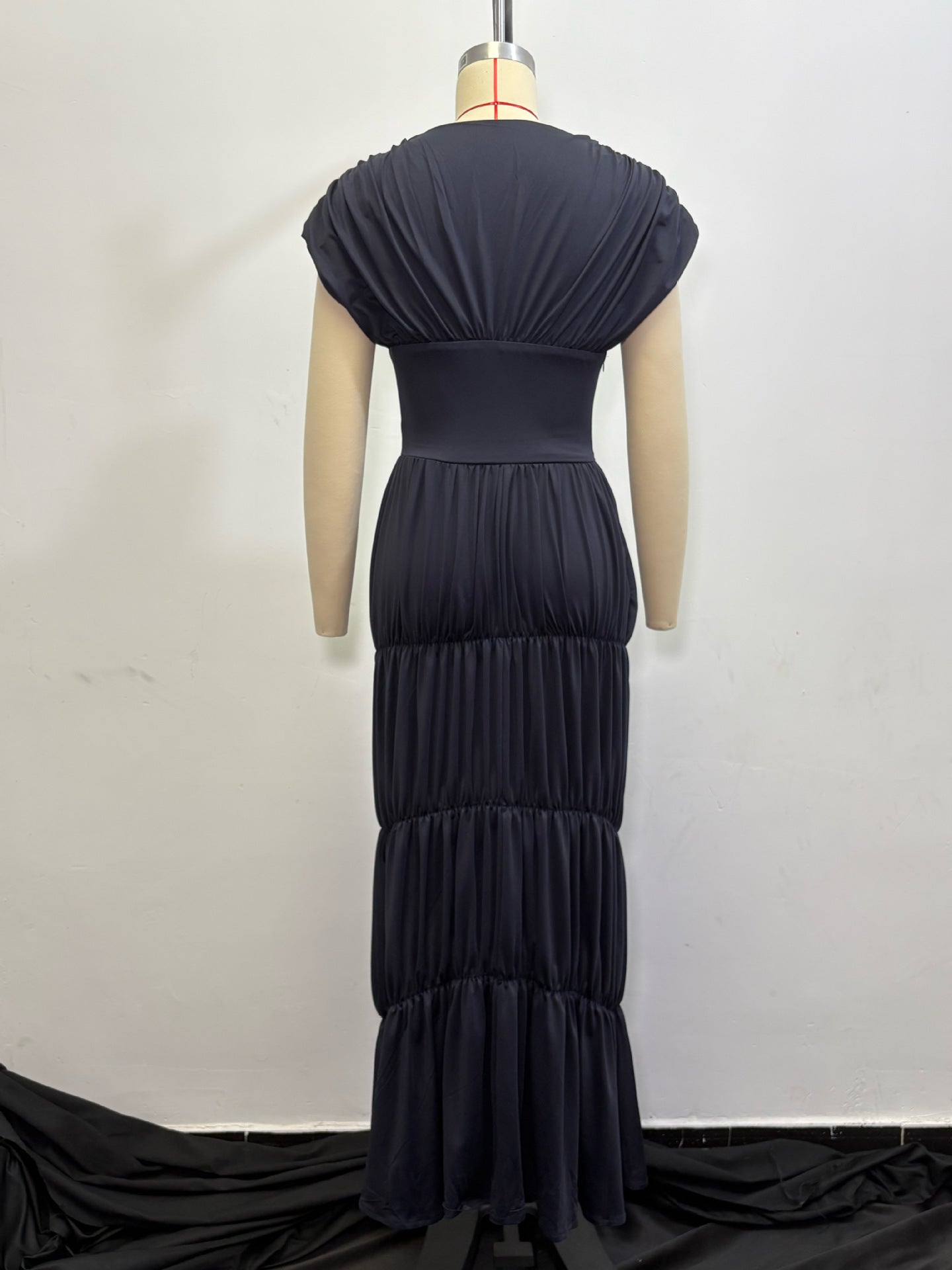 Women Summer Navy V-Neck Puff Sleeve Ruffle Dress 7