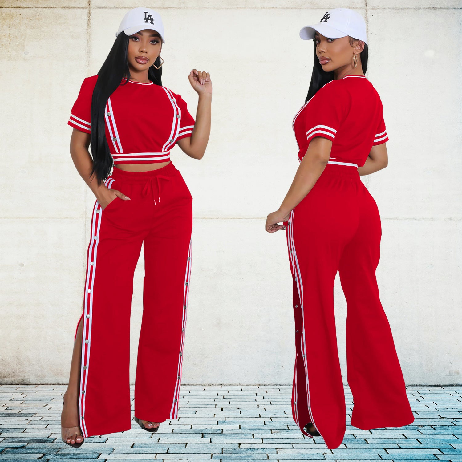 Spring Trendy Wide-Leg Loose Casual Trousers Short Sleeve Crop Top Two-Piece Set 4