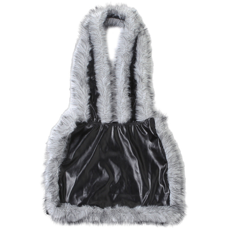 Women's Autumn Winter Fashion Sexy Faux Fur Patchwork Pu Leather Halter Neck Deep V-Neck Dress 12