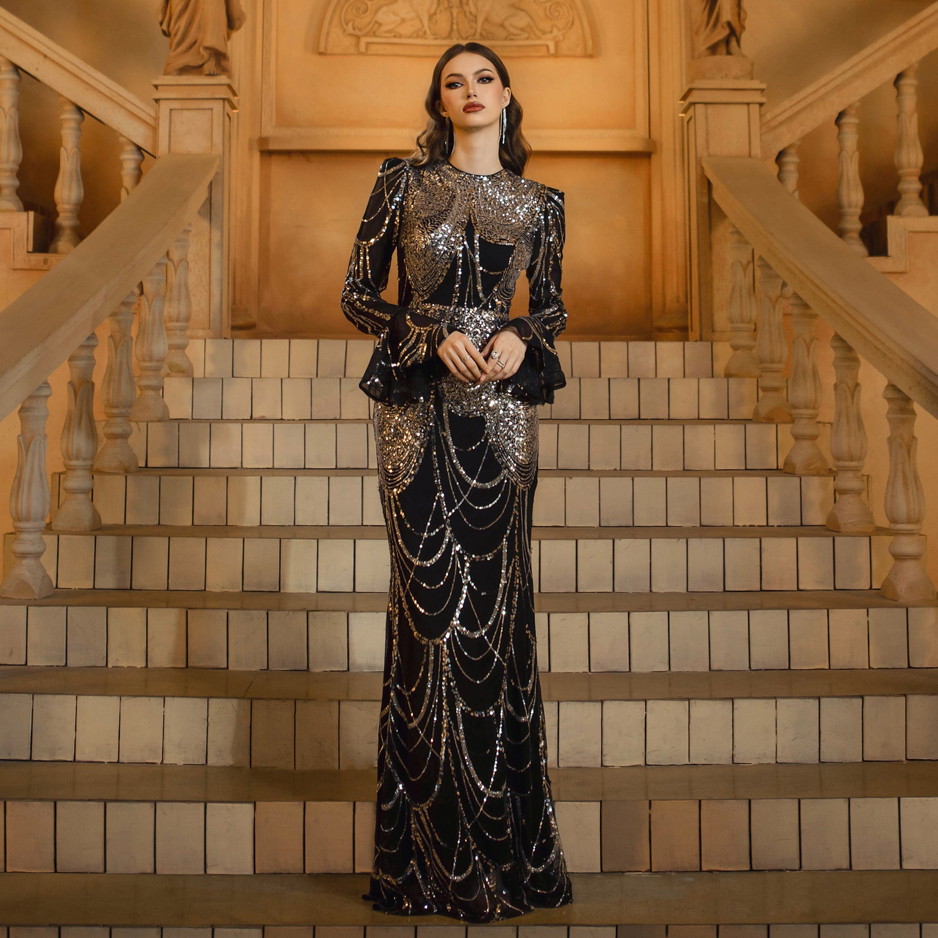 Summer Luxury Long-Sleeve Round Neck Sequin Fishtail Evening Gown 5