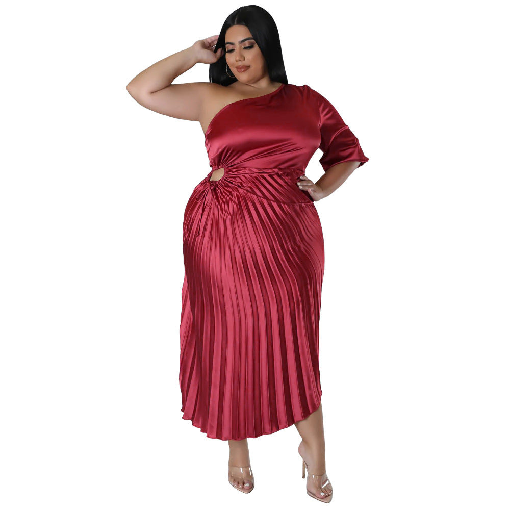 Women Sexy Slash Shoulder Drawstring Pleated Dress 4