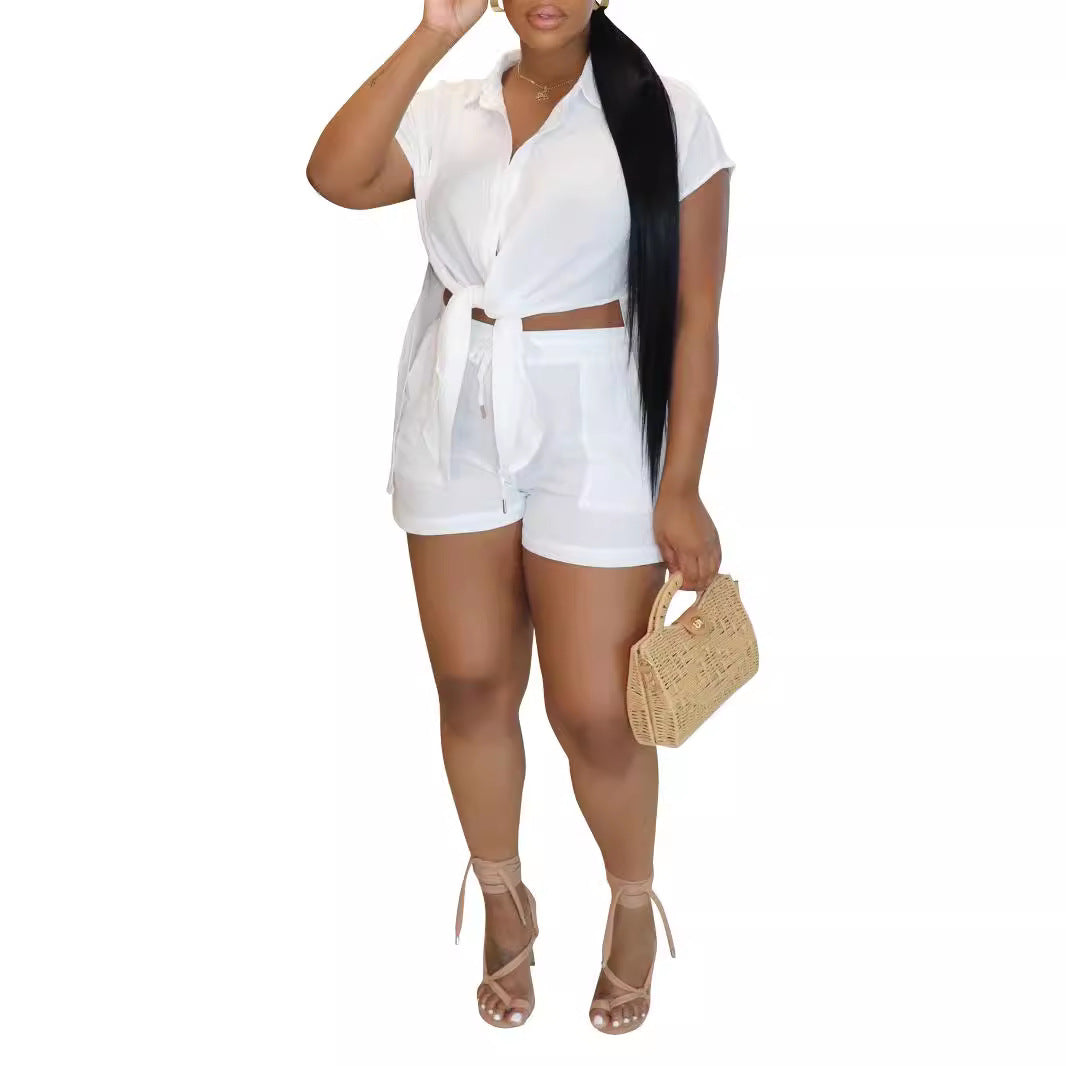Women's Summer Slit Short-Sleeved Shirt Shorts Two-Piece Set 8