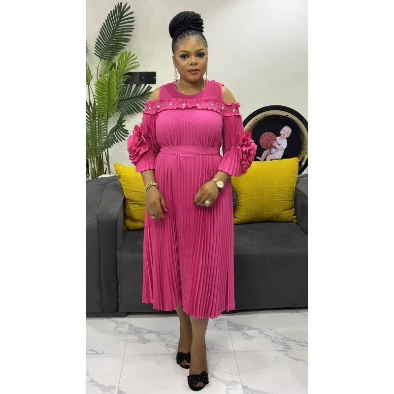 Beaded Cutout-Shoulder Pleated African Chic Loose Dress 7