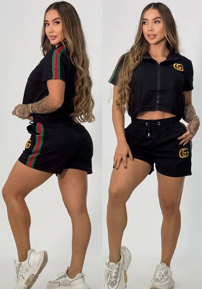 Women summer Casual Pocket embroidered sports short-sleeved Top and shorts two-piece set