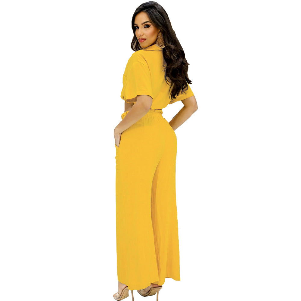 Women Short Polo Collar Crop Top and Pants Two-Piece Set 8