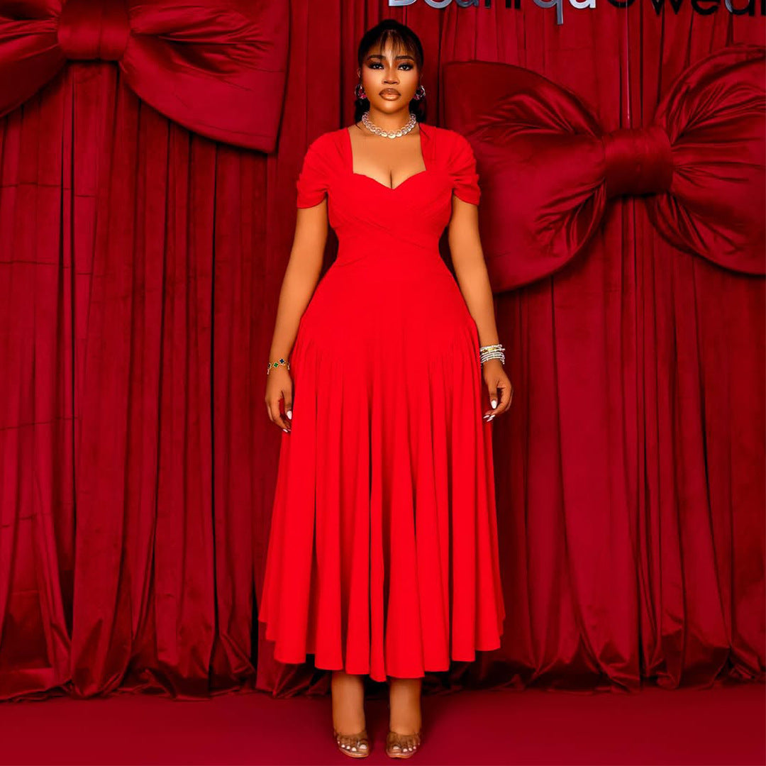 Plus Size Women's Fashion Elegant Square Neck Slim Waist A-line Long Dress 4