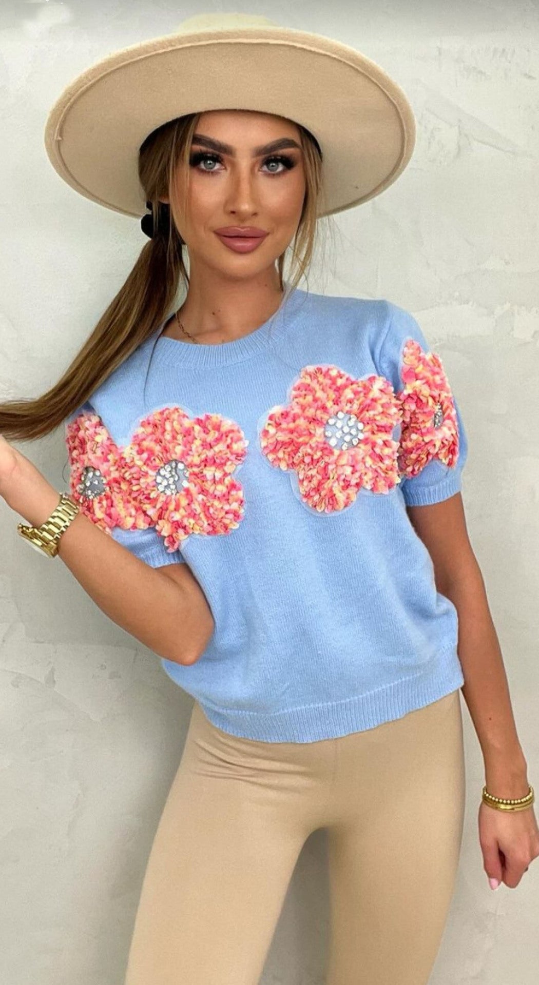 Women Contrast Color Flower Round Neck short-sleeved Top 10