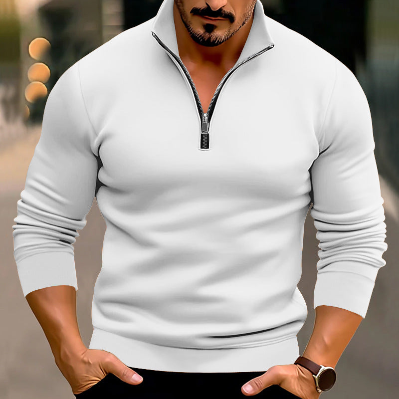 Spring And Winter Men's Casual Solid Color Long-Sleeved Zip Stand Collar T-Shirt Tops For Men 14