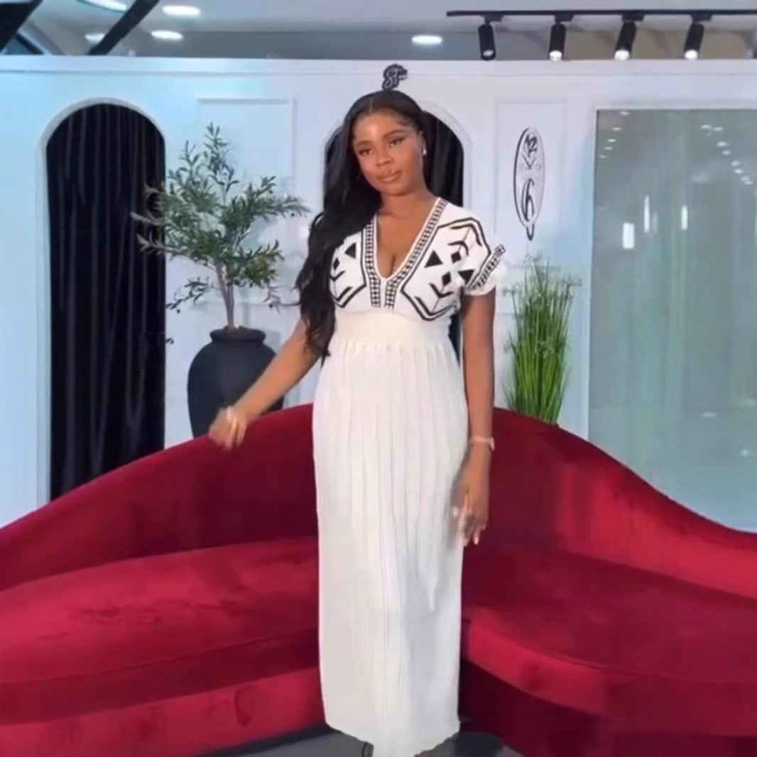 Women's Spring Elegant V-Neck High Waist Knit Jacquard Long Dress 3