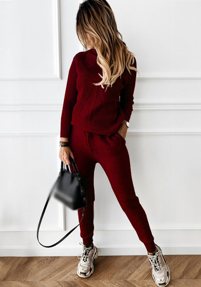 Women turtleneck Solid Casual sweater + trousers two-piece set