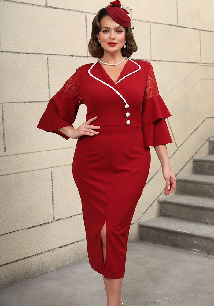 Fashion Turndown Collar Contrast Bell Bottom Sleeve Plus-Size Formal Party Dress