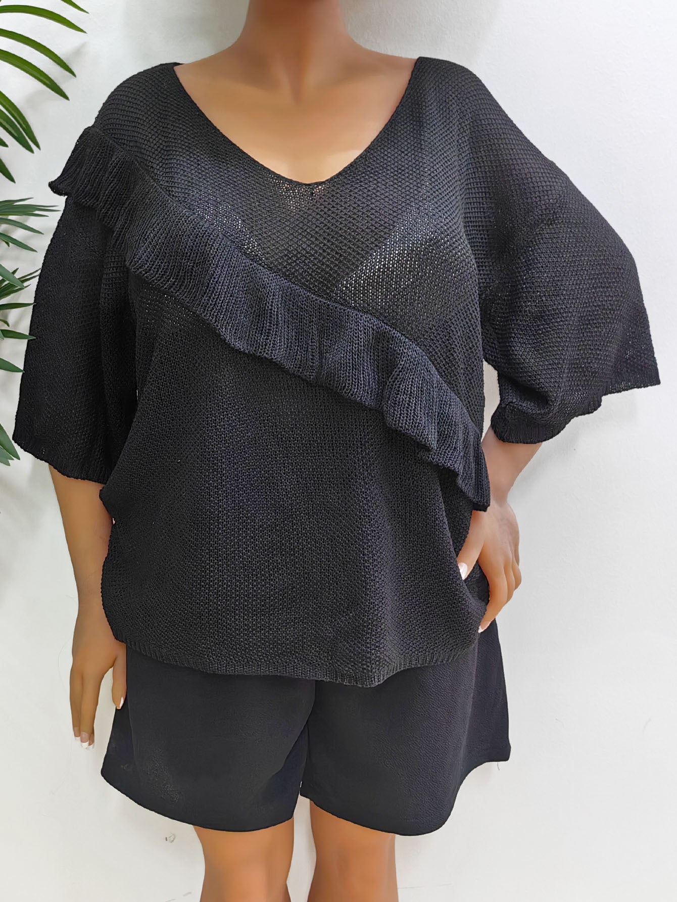 Plus Size Women Quarter Sleeve Top Ruffled Loose Sweater 3