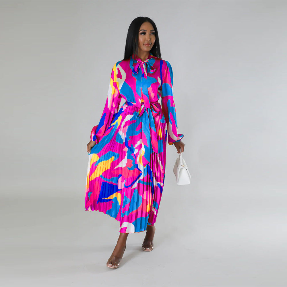 Women's Tie Long Sleeve Printed Pleated Dress 26