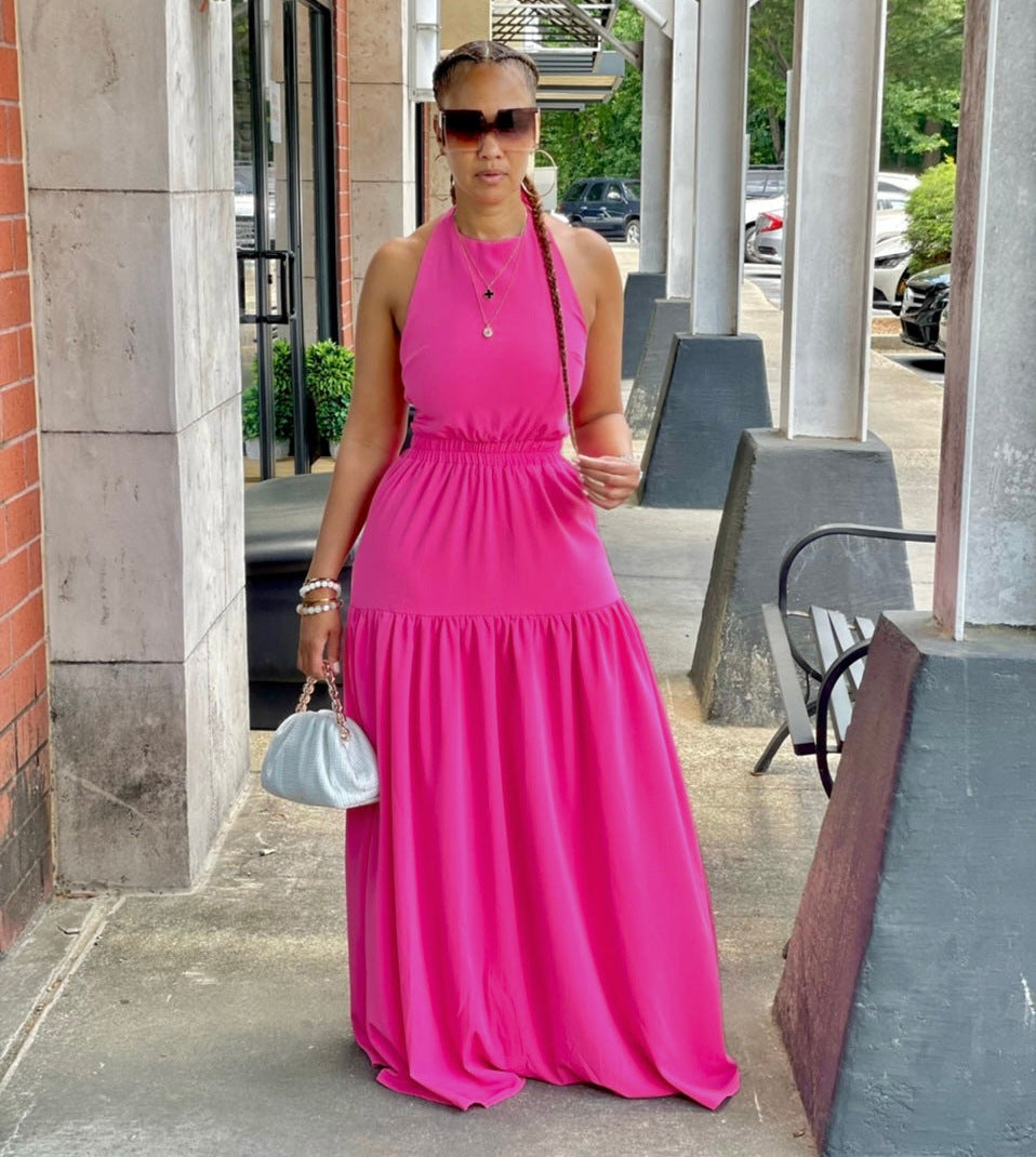 Women's Suspenders Solid Color Sleeveless Sexy Leak Back Large Long Dress 3